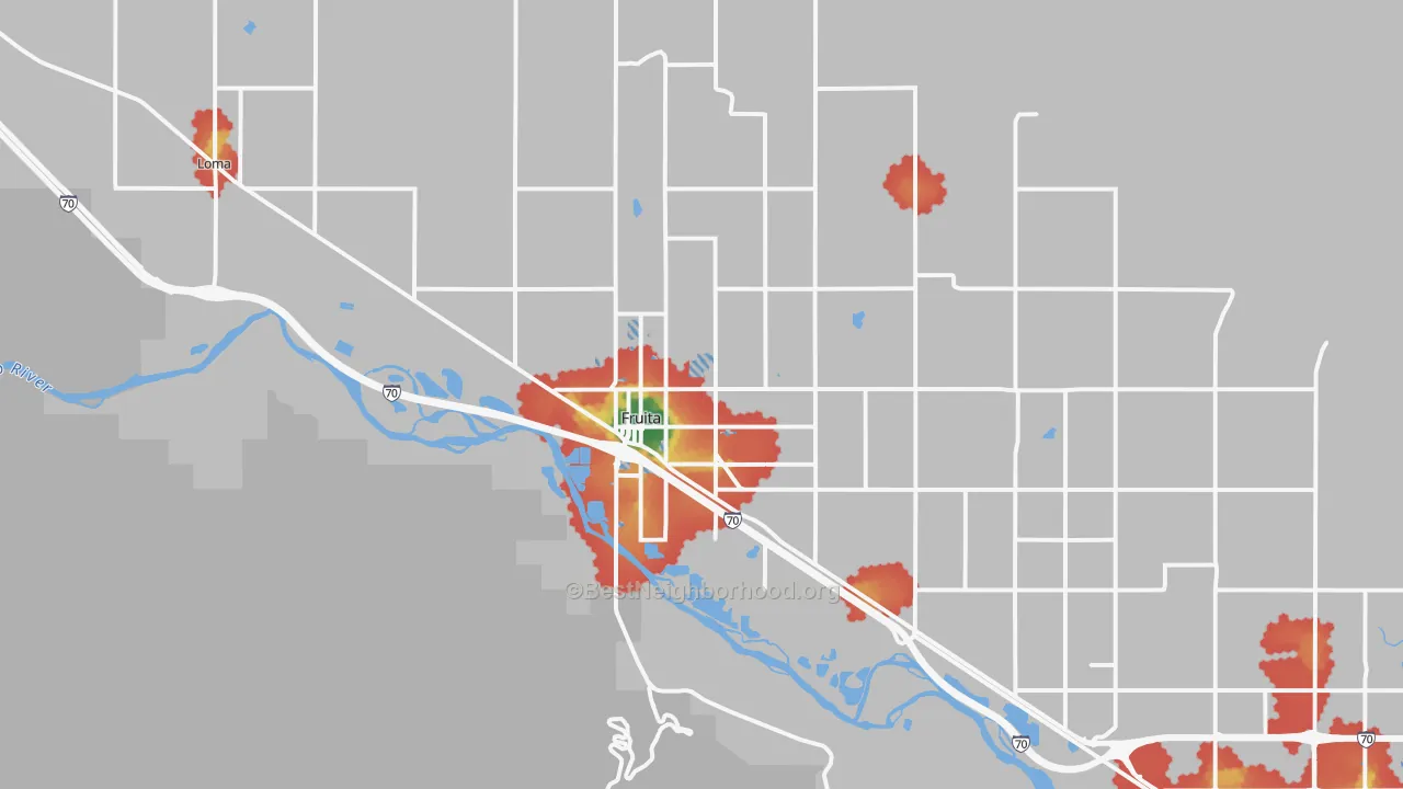 Walk Grade map of 81521, CO, walkable areas in green and car-dependent areas in red