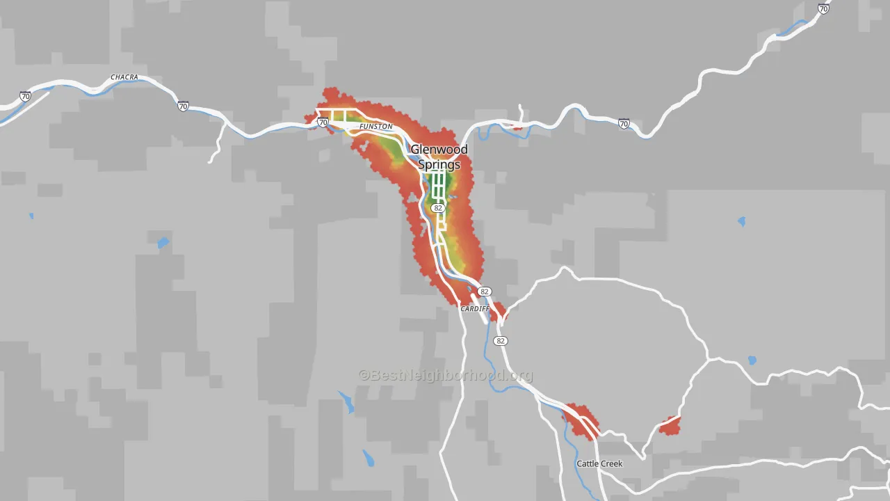 Walk Grade map of 81601, CO, walkable areas in green and car-dependent areas in red