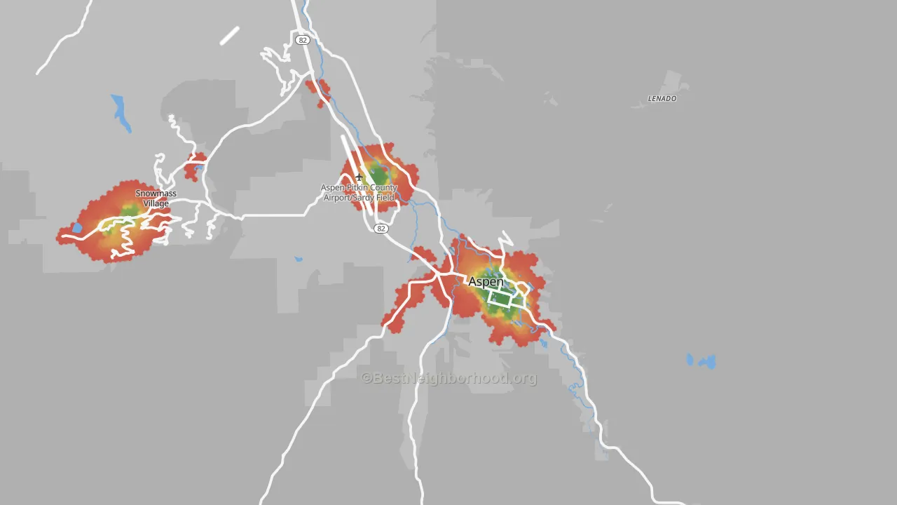 Walk Grade map of 81611, CO, walkable areas in green and car-dependent areas in red
