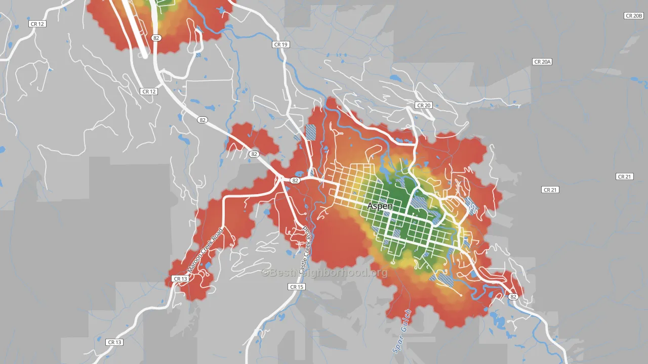 Walk Grade map of 81612, CO, walkable areas in green and car-dependent areas in red