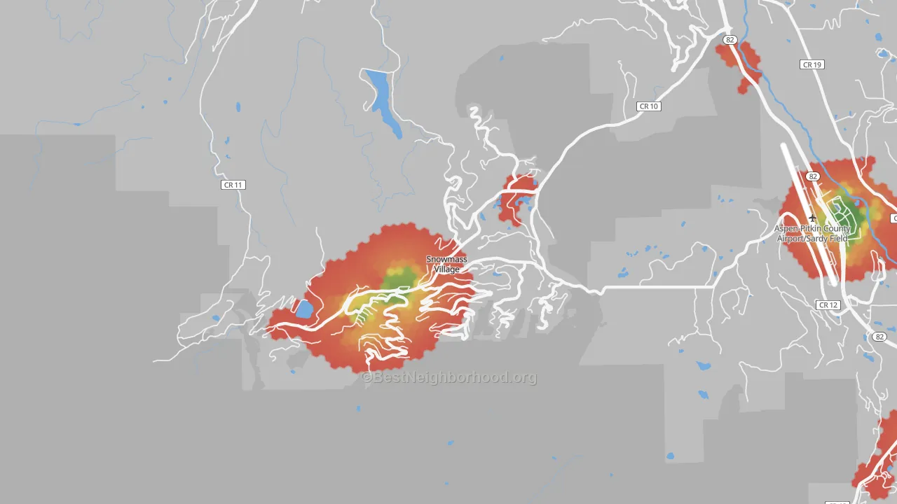 Walk Grade map of 81615, CO, walkable areas in green and car-dependent areas in red