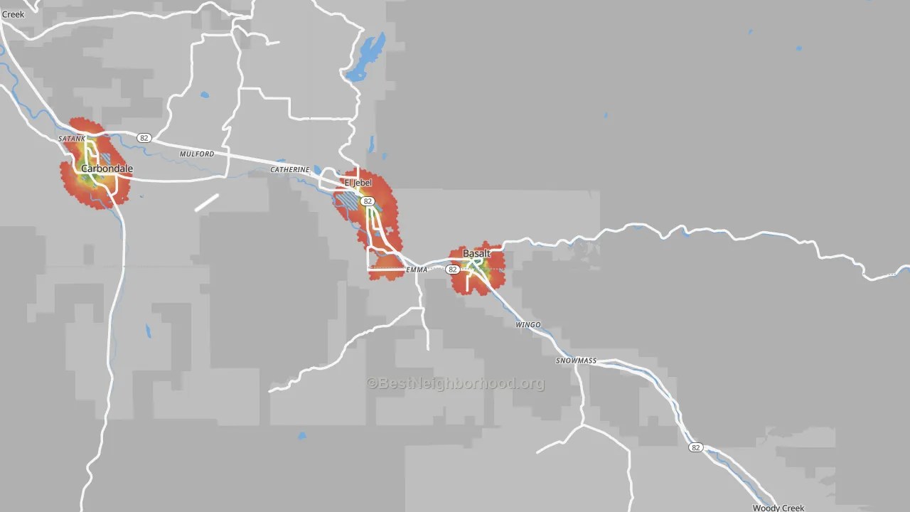 Walk Grade map of 81621, CO, walkable areas in green and car-dependent areas in red
