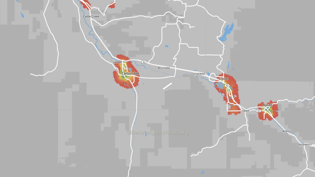 Walk Grade map of 81623, CO, walkable areas in green and car-dependent areas in red