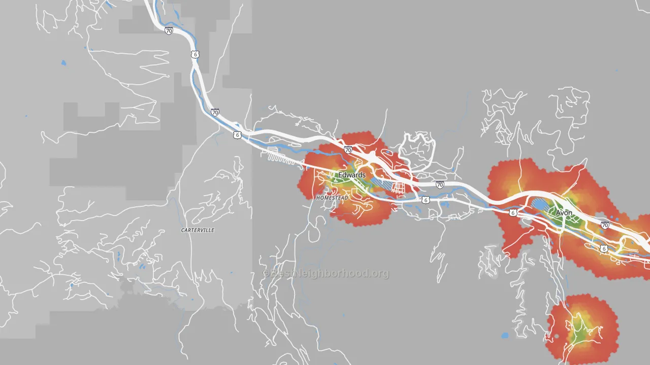 Walk Grade map of 81632, CO, walkable areas in green and car-dependent areas in red