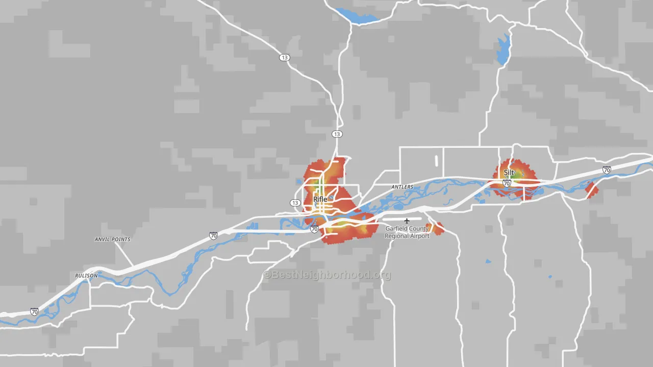 Walk Grade map of 81650, CO, walkable areas in green and car-dependent areas in red