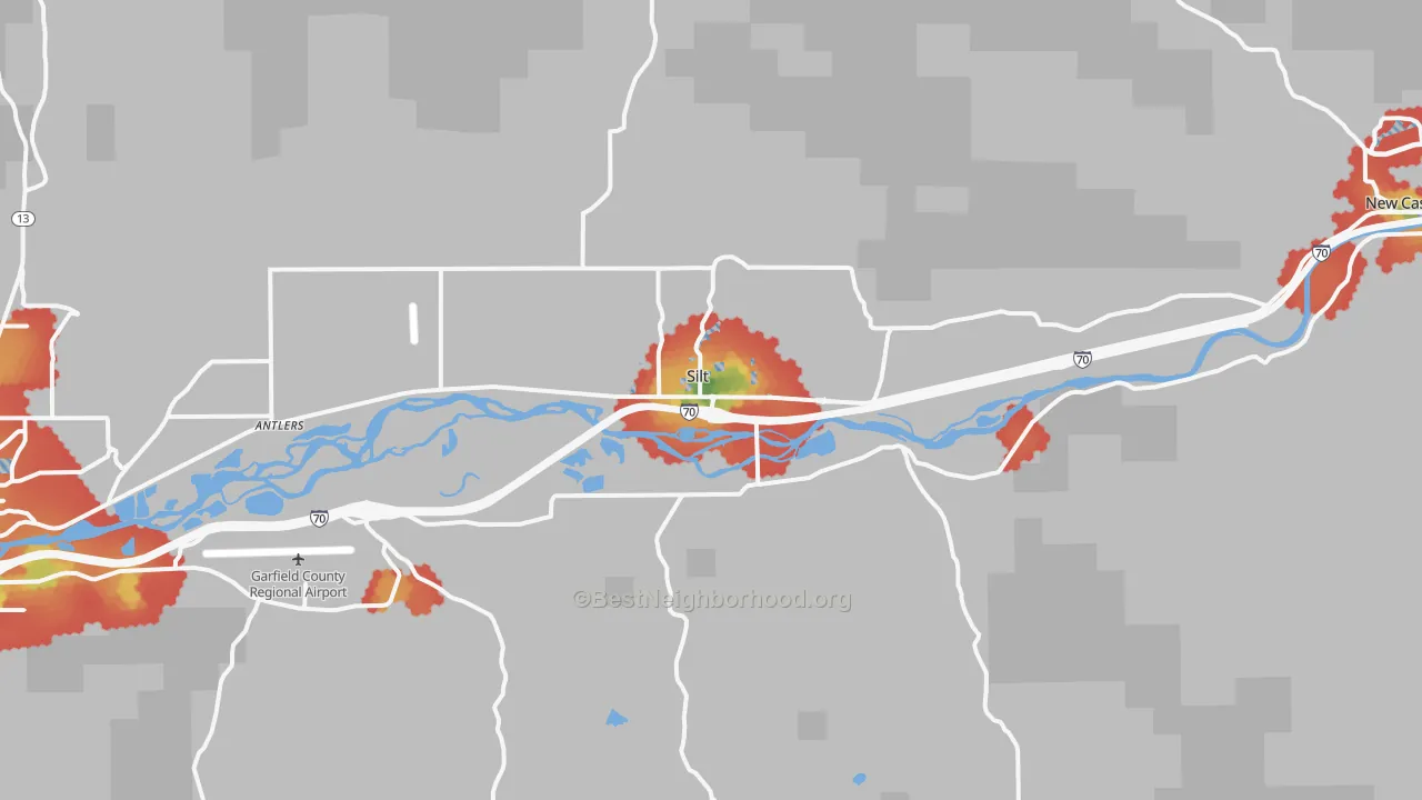 Walk Grade map of 81652, CO, walkable areas in green and car-dependent areas in red