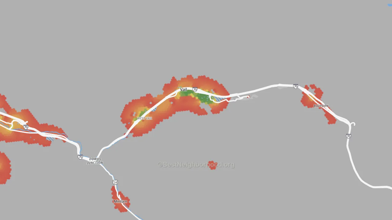 Walk Grade map of 81657, CO, walkable areas in green and car-dependent areas in red