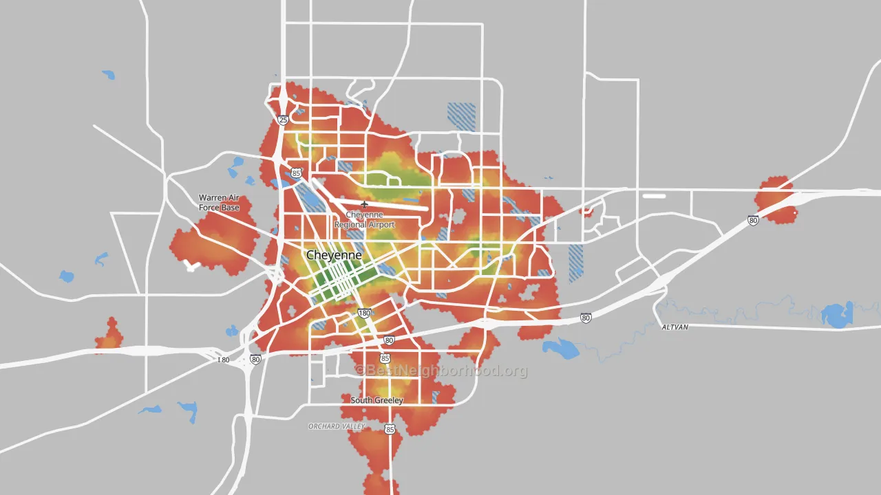Walk Grade map of 82001, WY, walkable areas in green and car-dependent areas in red