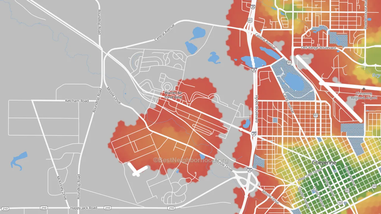 Walk Grade map of 82005, WY, walkable areas in green and car-dependent areas in red