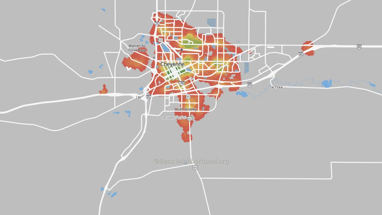 Walk Grade map of 82007, WY, walkable areas in green and car-dependent areas in red