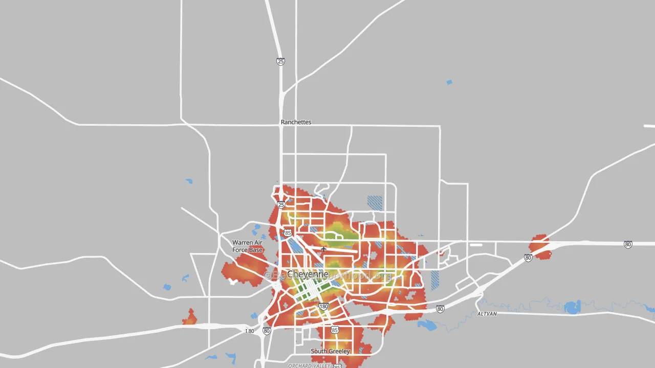 Walk Grade map of 82009, WY, walkable areas in green and car-dependent areas in red