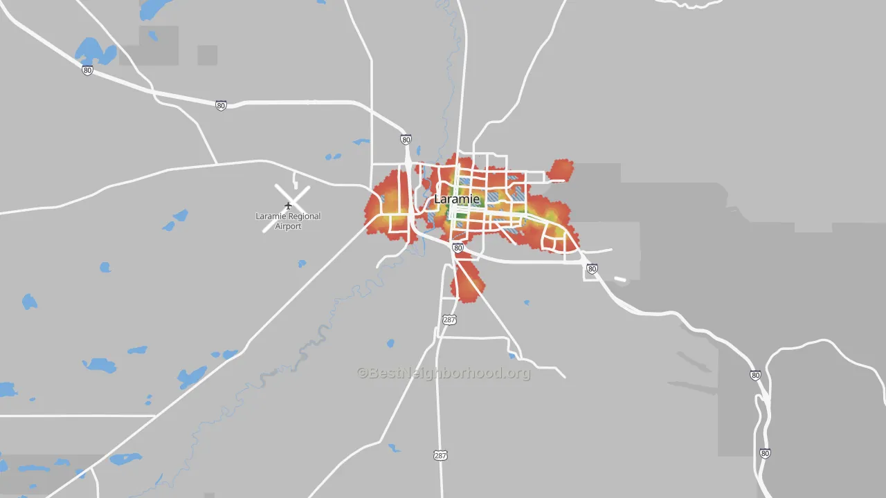 Walk Grade map of 82070, WY, walkable areas in green and car-dependent areas in red