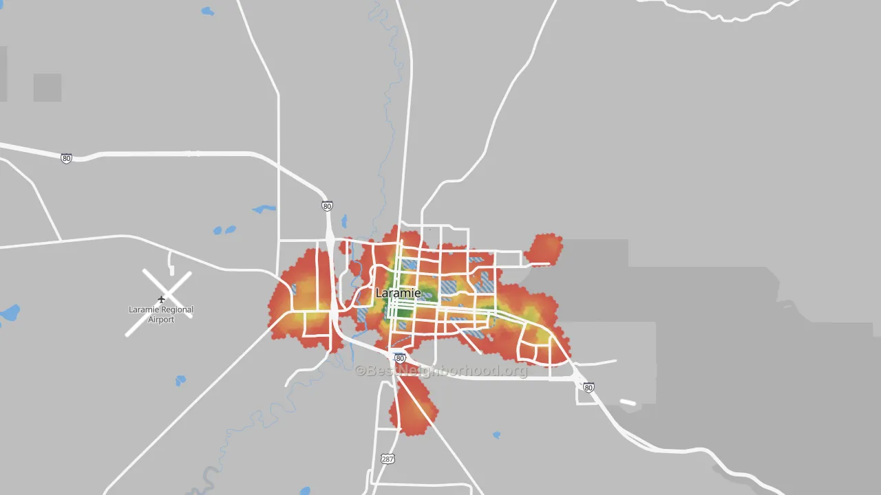 Walk Grade map of 82072, WY, walkable areas in green and car-dependent areas in red