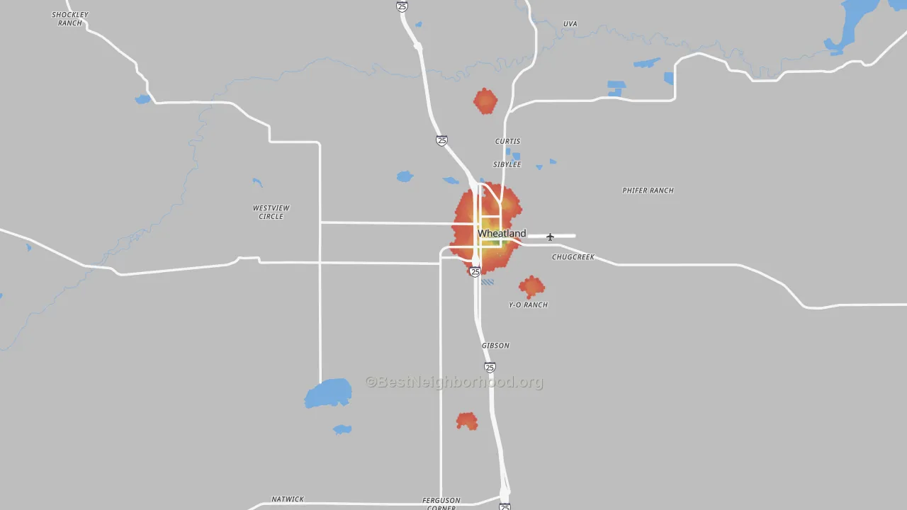 Walk Grade map of 82201, WY, walkable areas in green and car-dependent areas in red