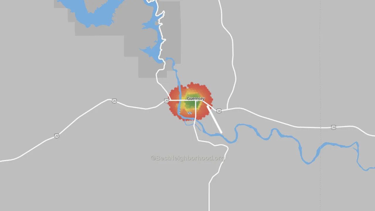 Walk Grade map of 82214, WY, walkable areas in green and car-dependent areas in red