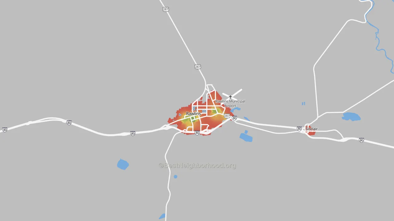 Walk Grade map of 82301, WY, walkable areas in green and car-dependent areas in red