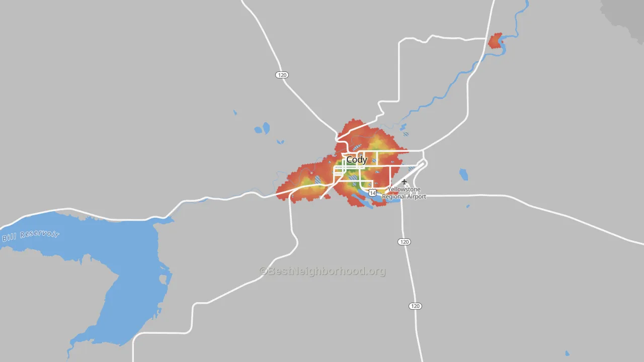 Walk Grade map of 82414, WY, walkable areas in green and car-dependent areas in red