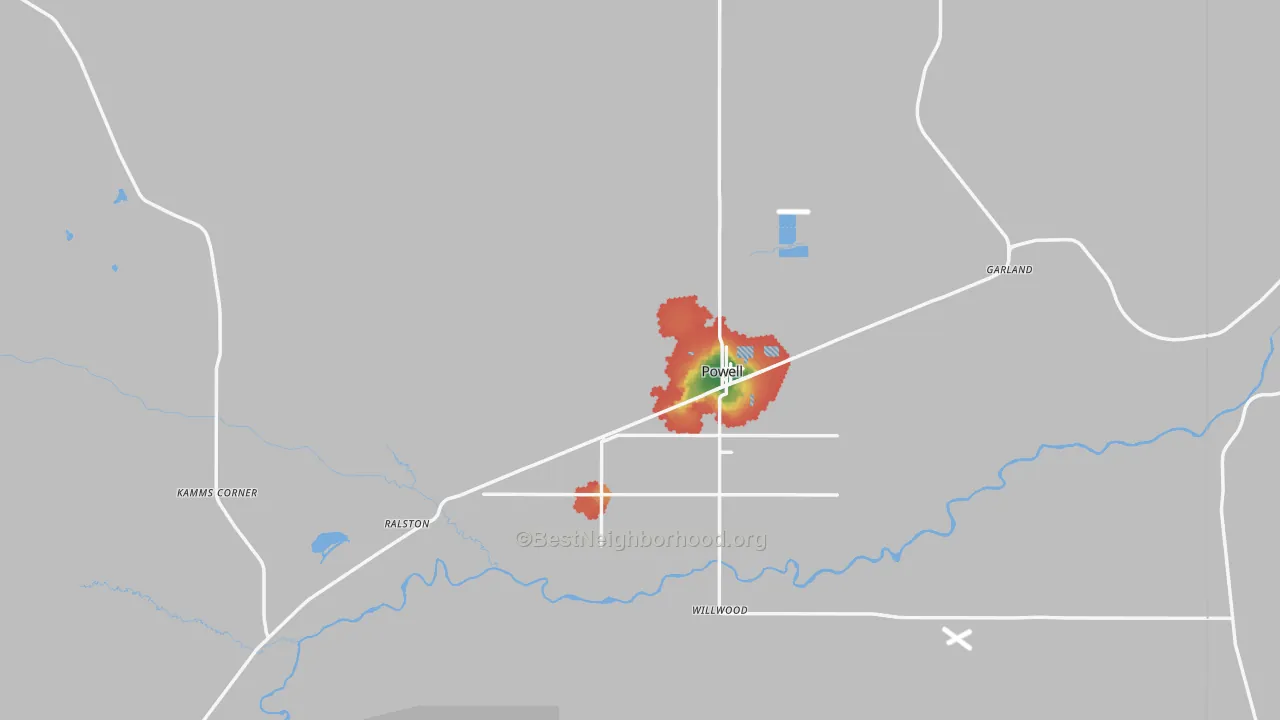 Walk Grade map of 82435, WY, walkable areas in green and car-dependent areas in red