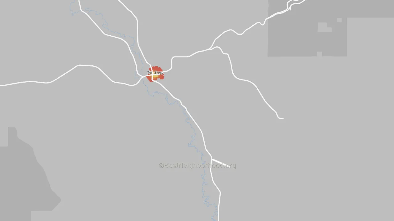 Walk Grade map of 82442, WY, walkable areas in green and car-dependent areas in red