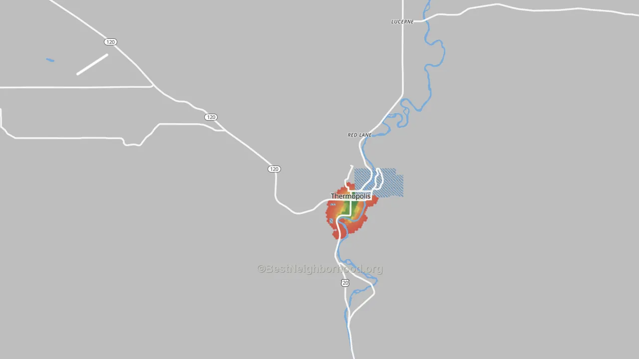 Walk Grade map of 82443, WY, walkable areas in green and car-dependent areas in red
