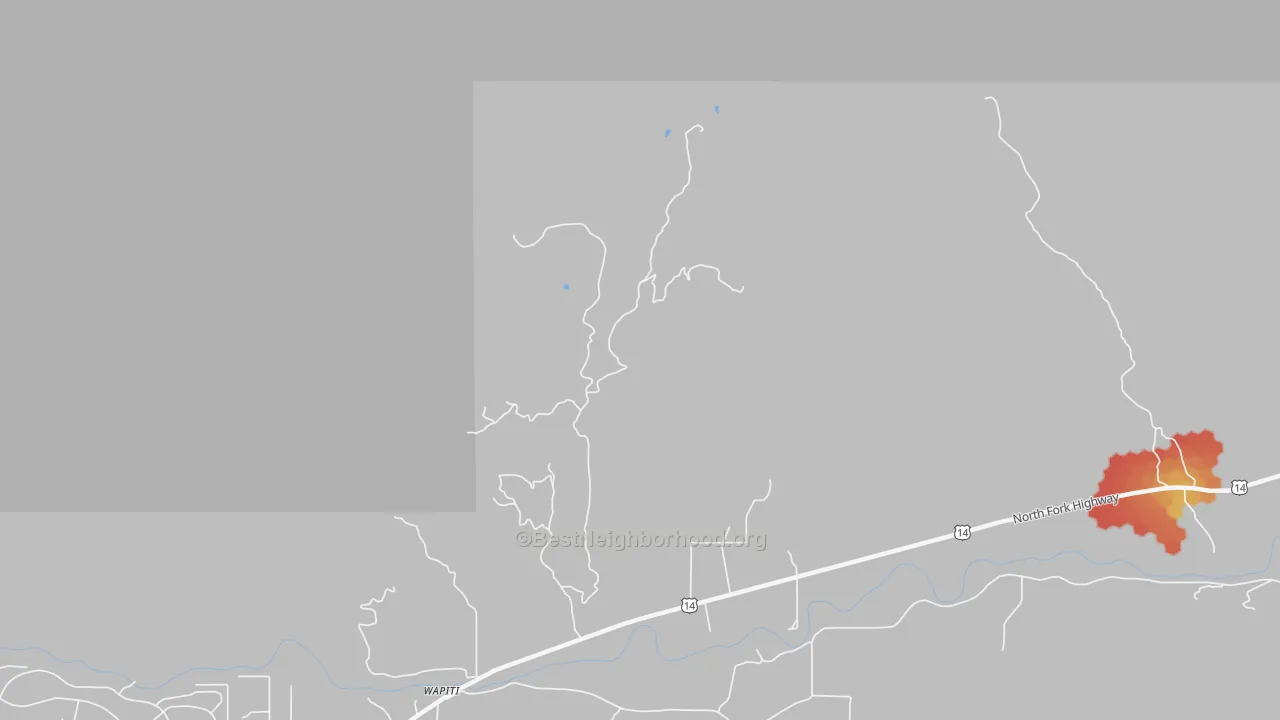 Walk Grade map of 82450, WY, walkable areas in green and car-dependent areas in red