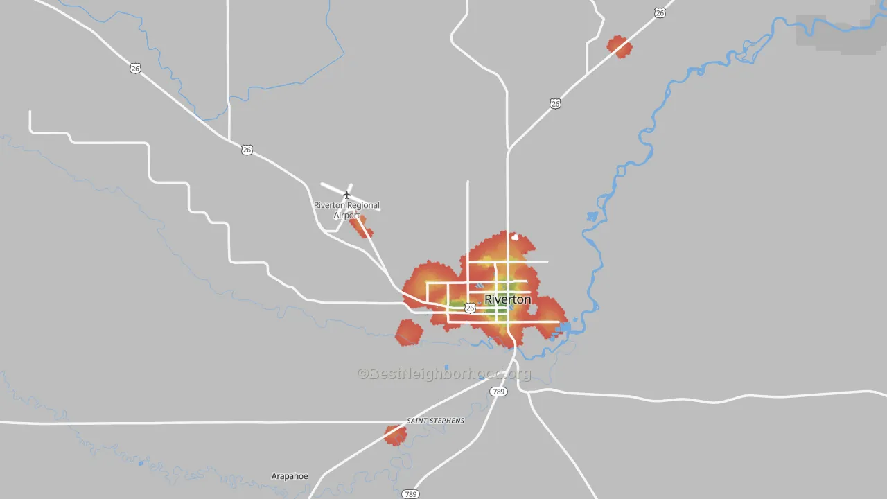 Walk Grade map of 82501, WY, walkable areas in green and car-dependent areas in red