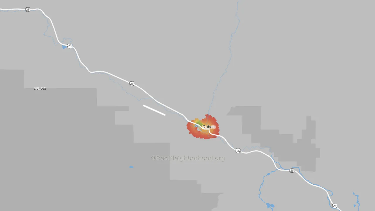 Walk Grade map of 82513, WY, walkable areas in green and car-dependent areas in red