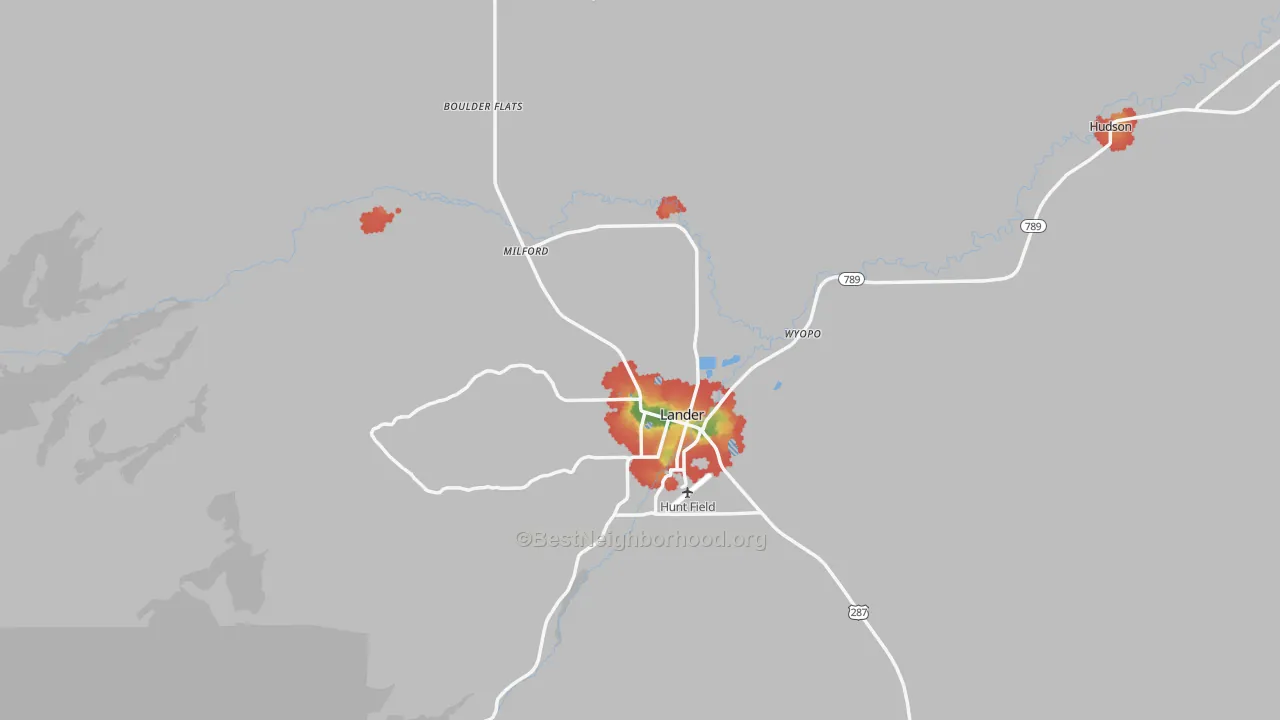 Walk Grade map of 82520, WY, walkable areas in green and car-dependent areas in red