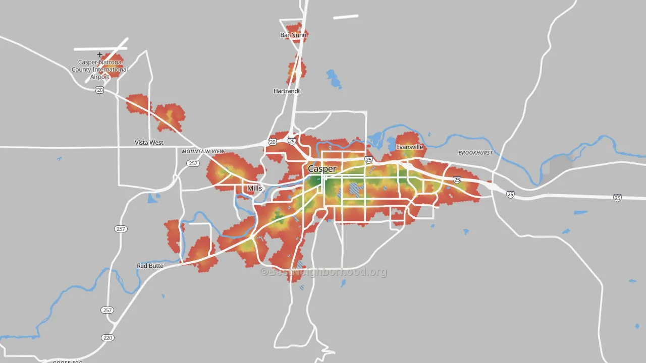 Walk Grade map of 82601, WY, walkable areas in green and car-dependent areas in red