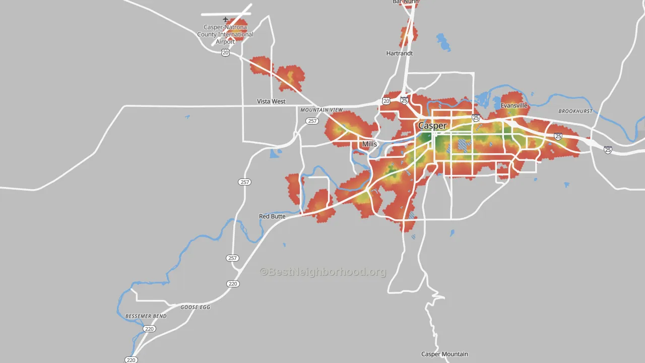 Walk Grade map of 82604, WY, walkable areas in green and car-dependent areas in red