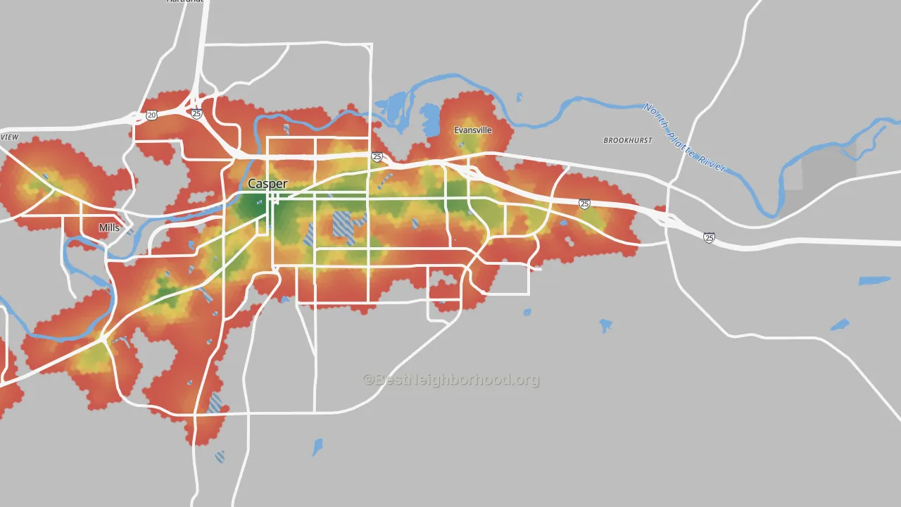 Walk Grade map of 82609, WY, walkable areas in green and car-dependent areas in red