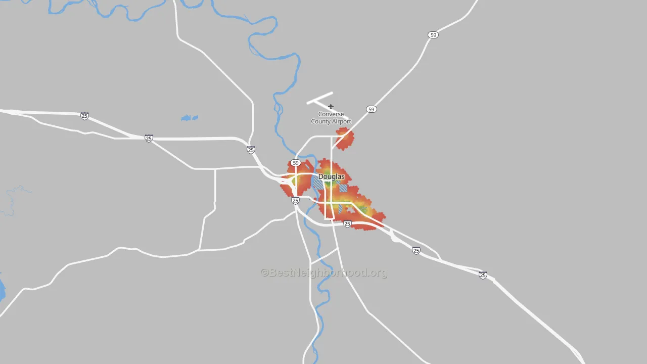 Walk Grade map of 82633, WY, walkable areas in green and car-dependent areas in red