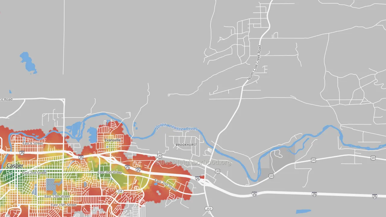 Walk Grade map of 82636, WY, walkable areas in green and car-dependent areas in red