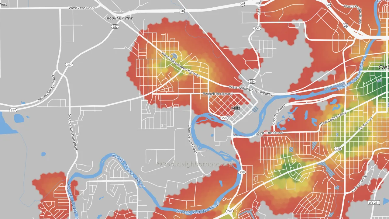 Walk Grade map of 82644, WY, walkable areas in green and car-dependent areas in red
