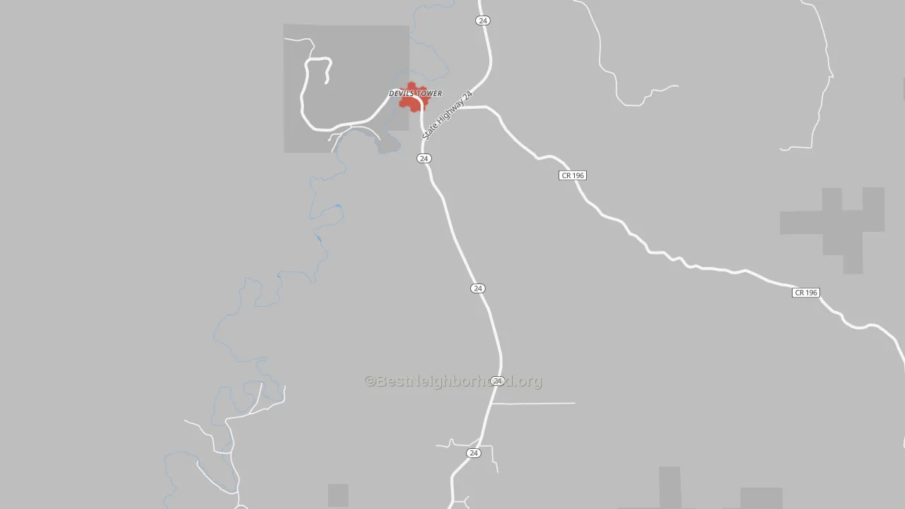 Walk Grade map of 82714, WY, walkable areas in green and car-dependent areas in red