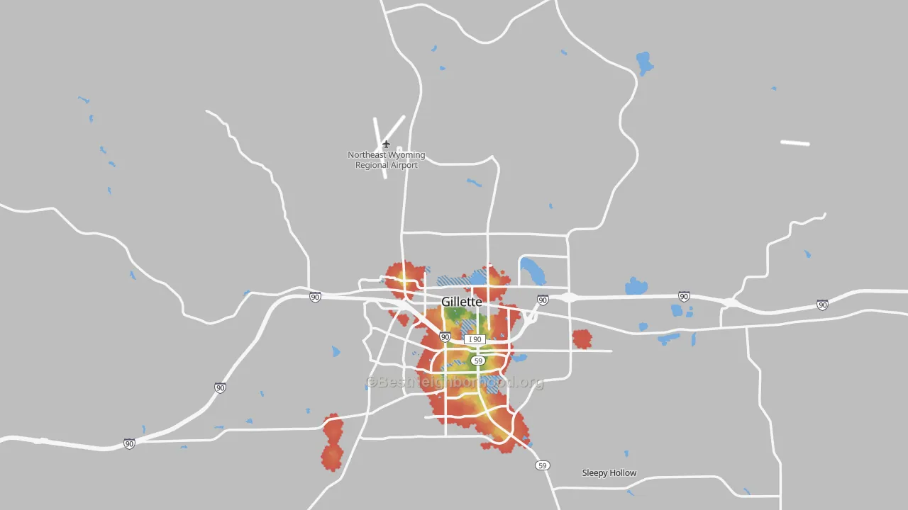 Walk Grade map of 82716, WY, walkable areas in green and car-dependent areas in red