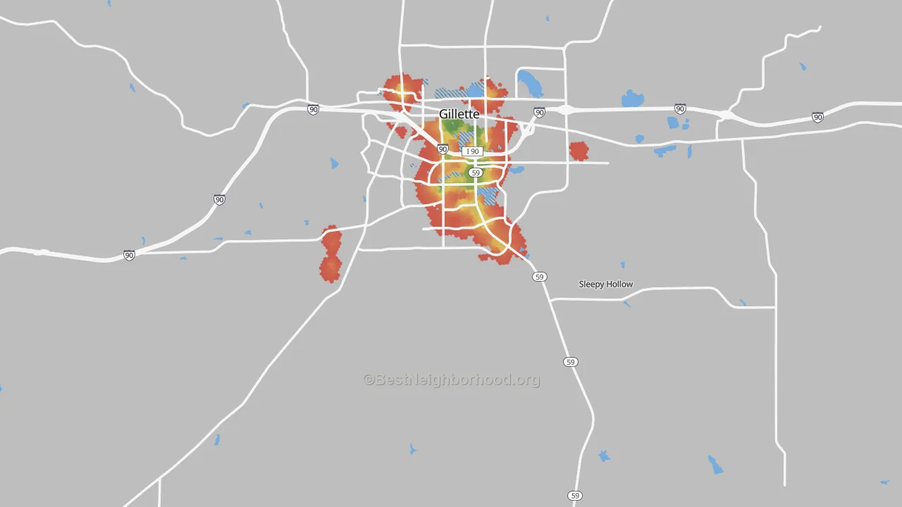 Walk Grade map of 82718, WY, walkable areas in green and car-dependent areas in red