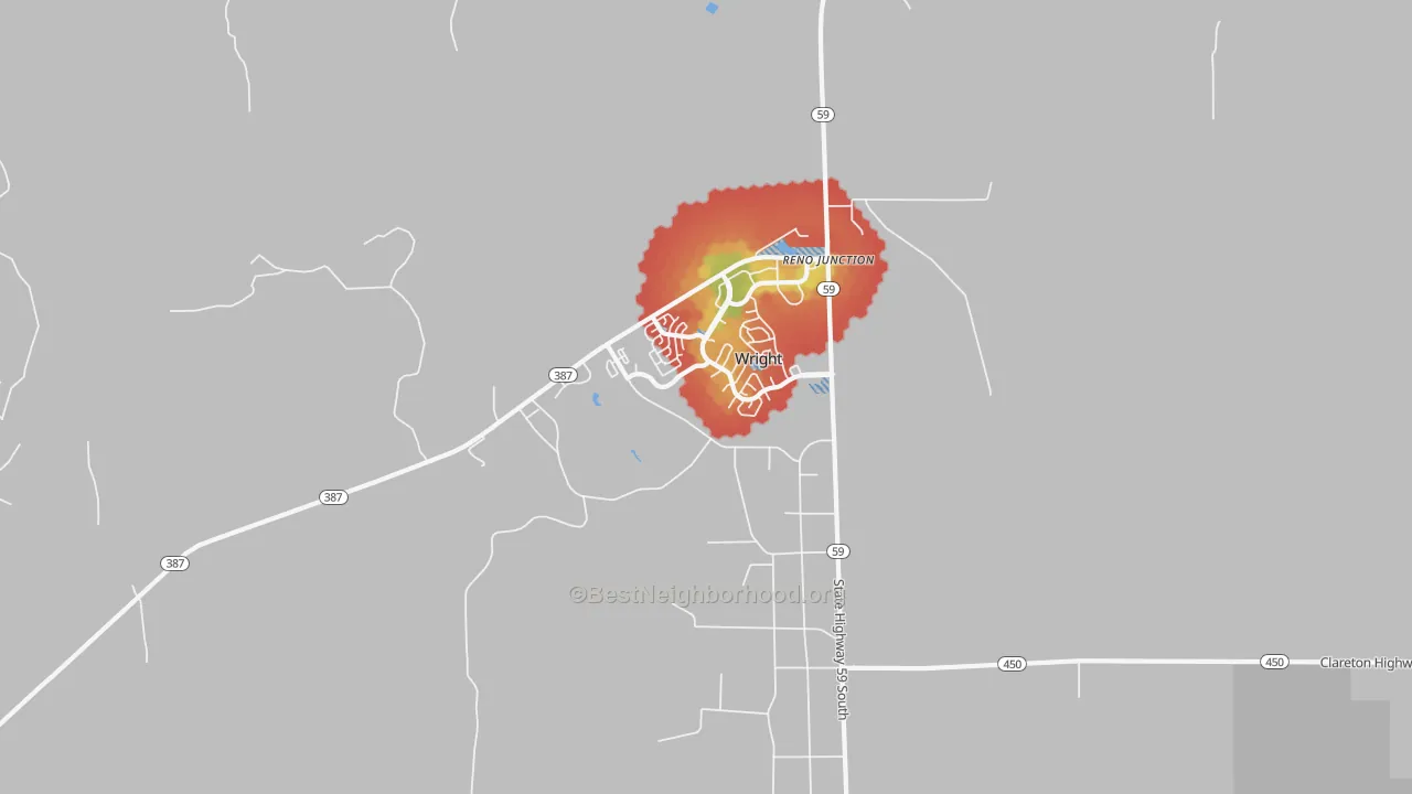 Walk Grade map of 82732, WY, walkable areas in green and car-dependent areas in red