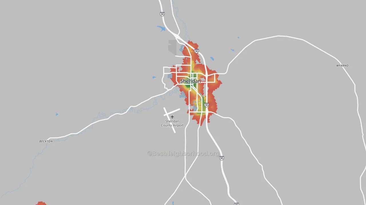 Walk Grade map of 82801, WY, walkable areas in green and car-dependent areas in red
