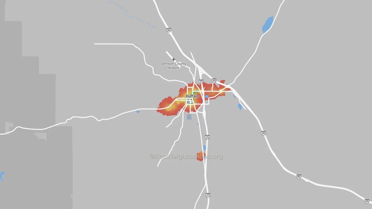 Walk Grade map of 82834, WY, walkable areas in green and car-dependent areas in red