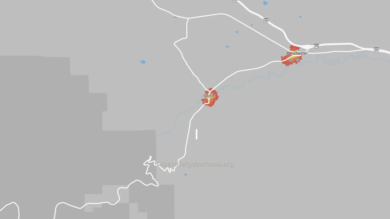 Walk Grade map of 82836, WY, walkable areas in green and car-dependent areas in red