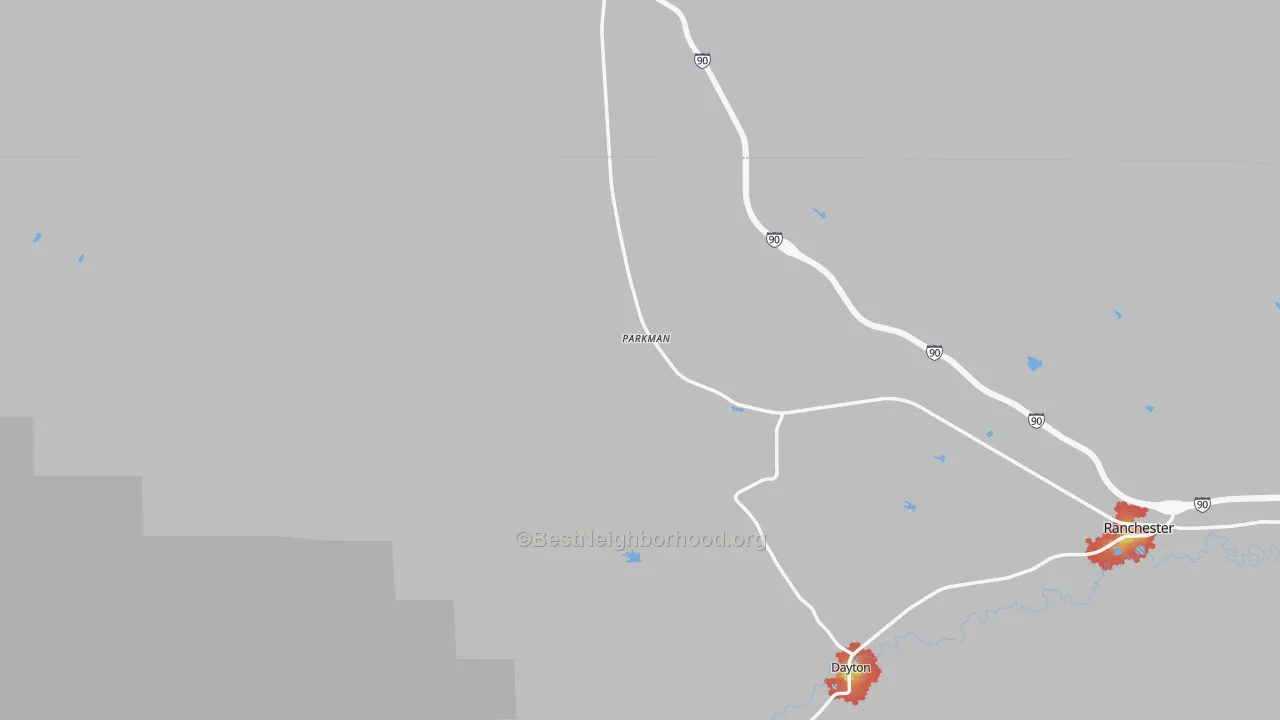 Walk Grade map of 82838, WY, walkable areas in green and car-dependent areas in red