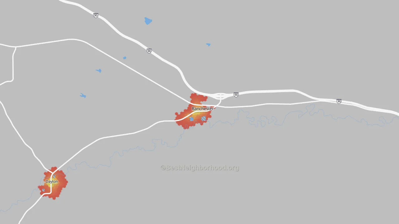 Walk Grade map of 82839, WY, walkable areas in green and car-dependent areas in red