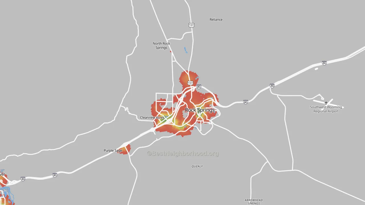 Walk Grade map of 82901, WY, walkable areas in green and car-dependent areas in red