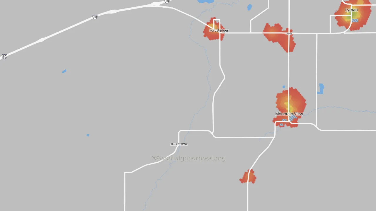 Walk Grade map of 82933, WY, walkable areas in green and car-dependent areas in red