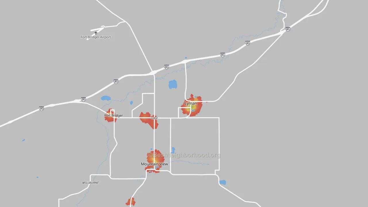 Walk Grade map of 82937, WY, walkable areas in green and car-dependent areas in red
