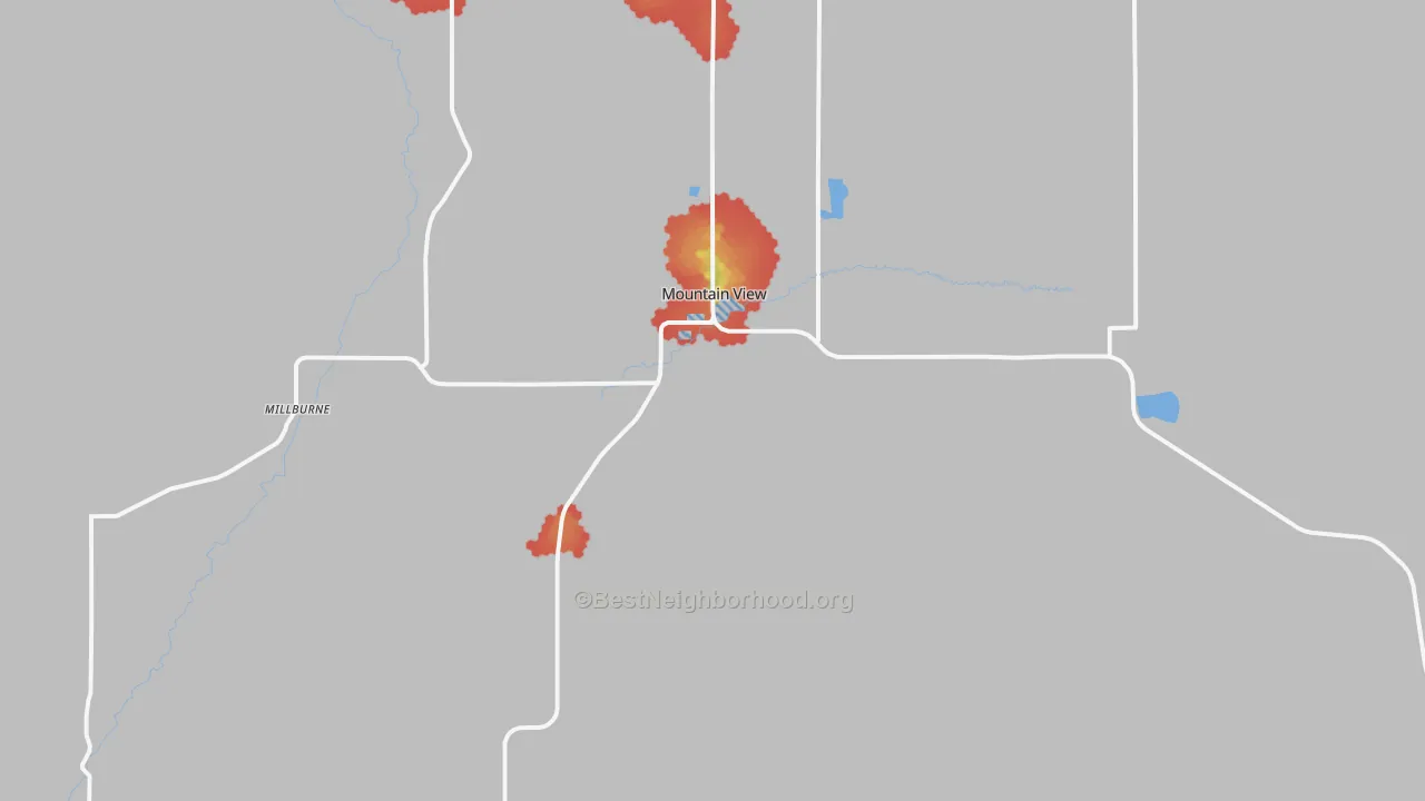 Walk Grade map of 82939, WY, walkable areas in green and car-dependent areas in red