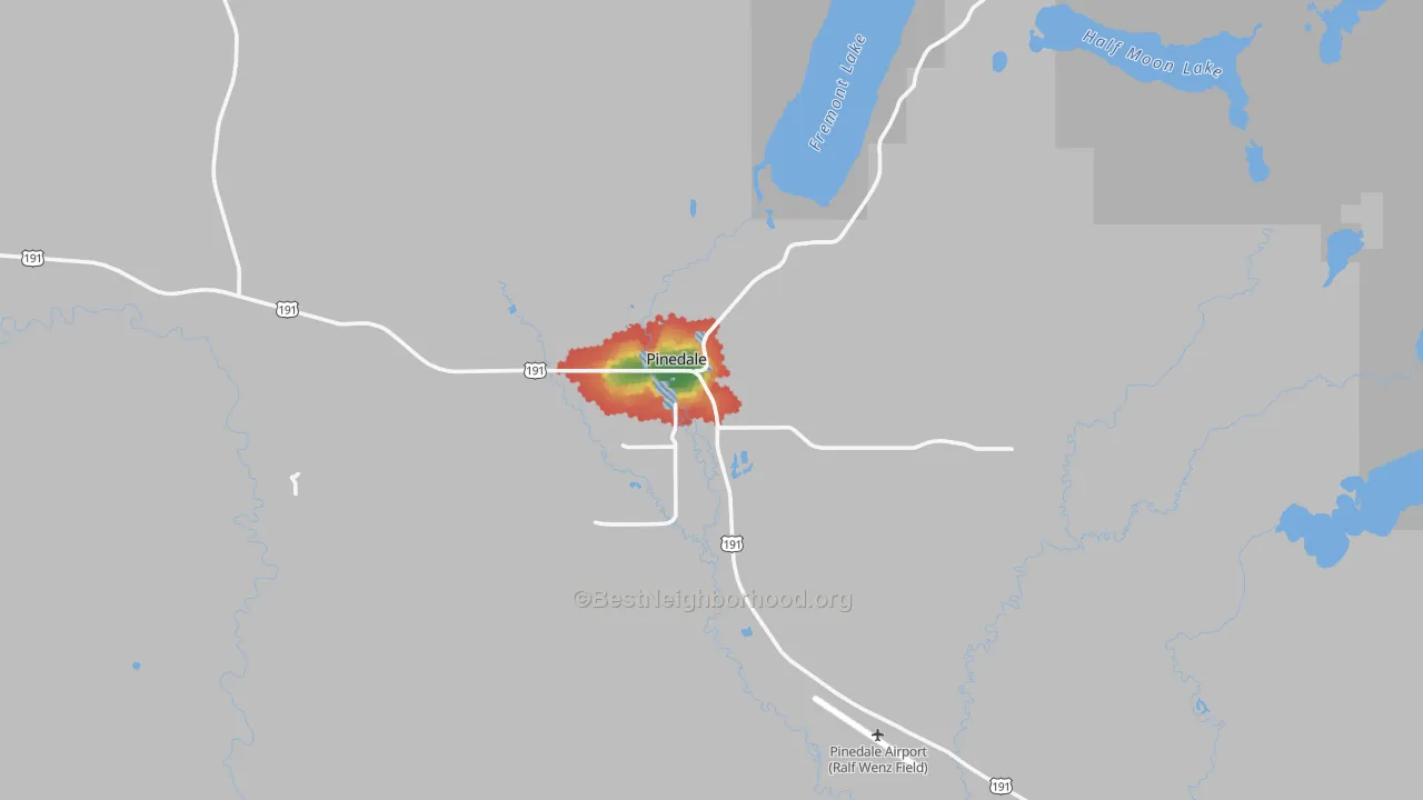 Walk Grade map of 82941, WY, walkable areas in green and car-dependent areas in red