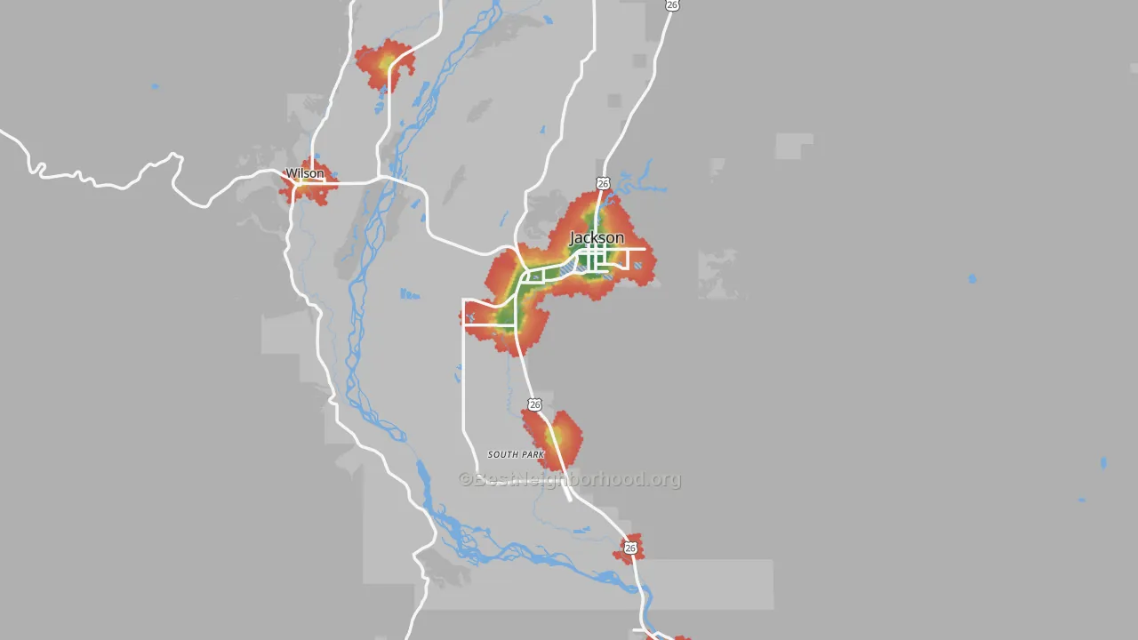 Walk Grade map of 83001, WY, walkable areas in green and car-dependent areas in red