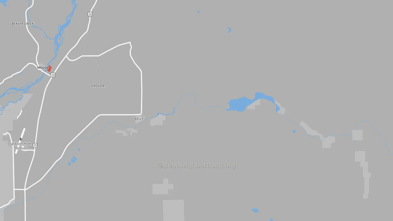 Walk Grade map of 83011, WY, walkable areas in green and car-dependent areas in red